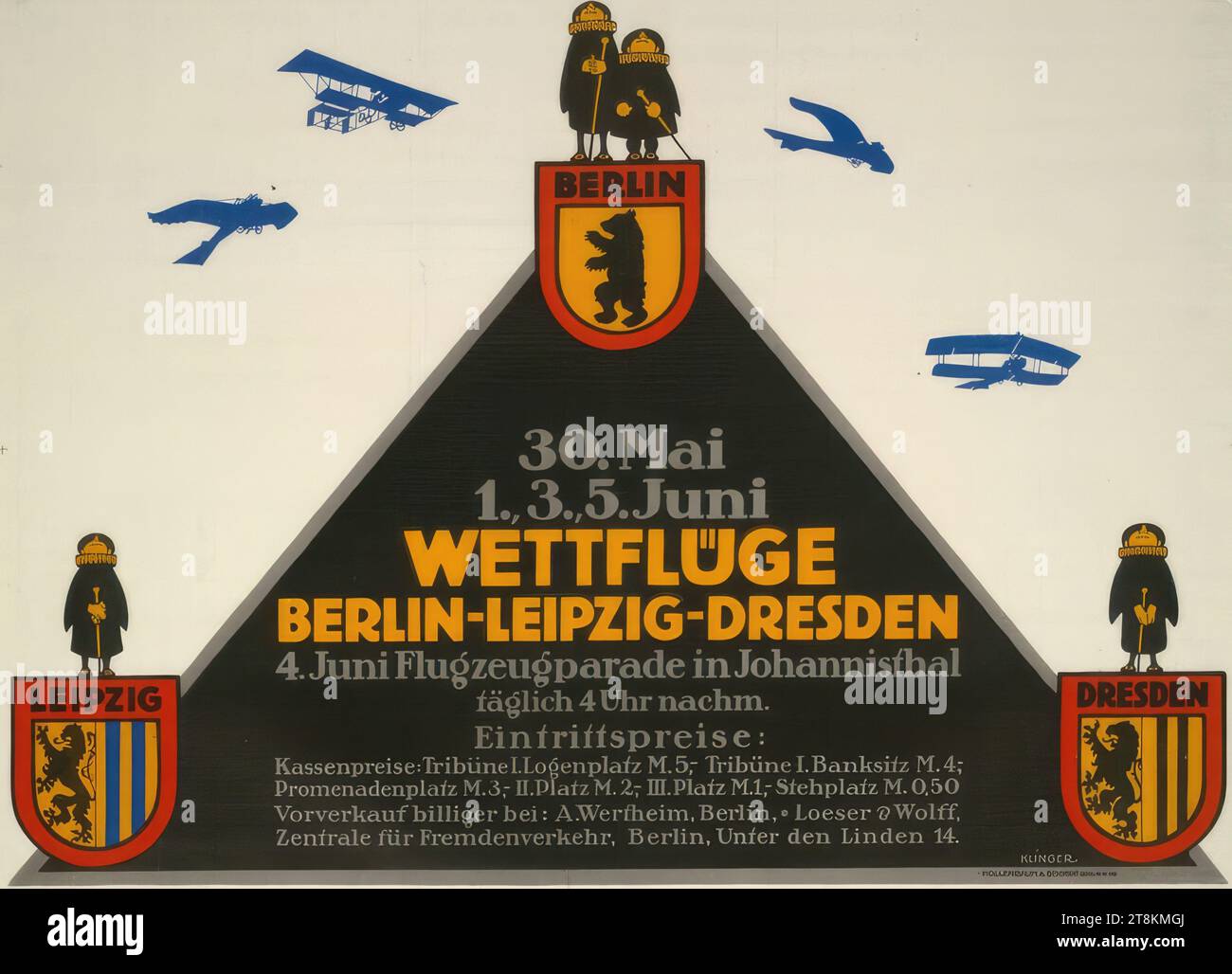 WETTFLÜGE; BERLIN-LEIPZIG-DRESDEN; Flugzeugparade in Johannisthal, Julius Klinger, Wien 1876 - 1942, nach Minsk deportiert, um 1910, Druck, Farblithographie, Blatt: 695 mm x 950 mm, Österreich Stockfoto