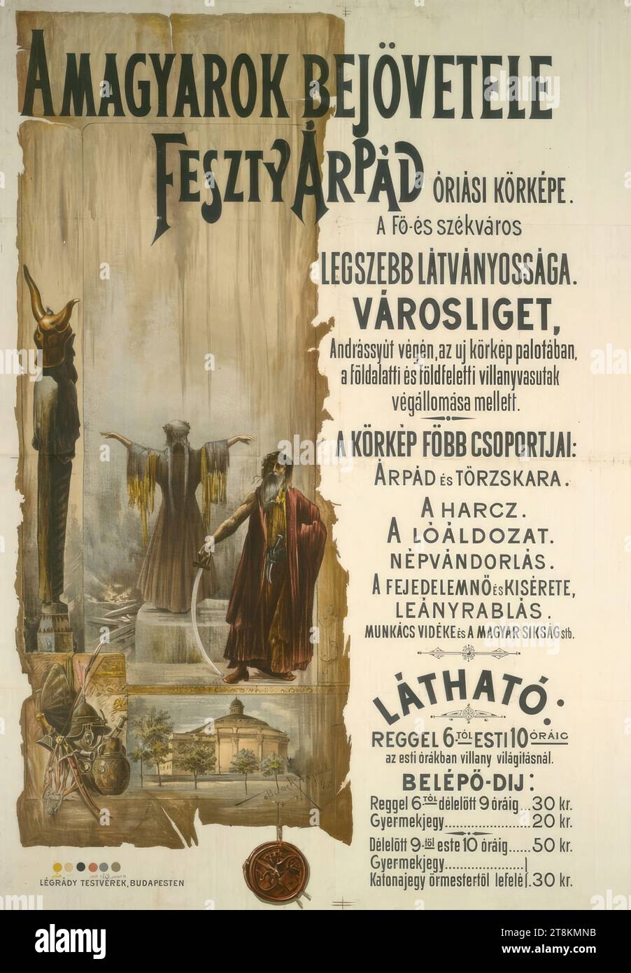 AMAGYAROK BEJÖVETELE - FESZTY Árpád ÓRIÁSI KÖRKéPE, Árpád Basch, Ungarn, 1873 - 1944, 1895, Druck, Farblithographie, Blatt: 1250 mm x 950 mm, M.O. 'A MAGYAROK BEJÖVETELE / FESZTY Árpád ÓRIÁSI KÖRKéPE.', im Druck, rechts bis rechts detaillierte Beschriftung im Druck; l.u. 'LÉGRÁDY TéSTVéREK, BUDAPEST', im Druck Stockfoto