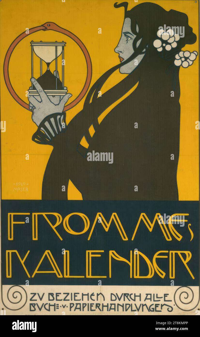 FROMMES KALENDER, Koloman Moser, Wien 1868 - 1918 Wien, 1899, Druck, Farblithographie, Blatt: 95 x 62,9 cm, betitelt unten auf der Platte: FROMMES / KALENDER / ERHÄLTLICH BEI ALLEN / BUCH ·u· PAPIERHANDWERK; beschriftet unten links auf der Platte: LITH. ANST. V. A. BERGER WIEN 8, ÖSTERREICH Stockfoto