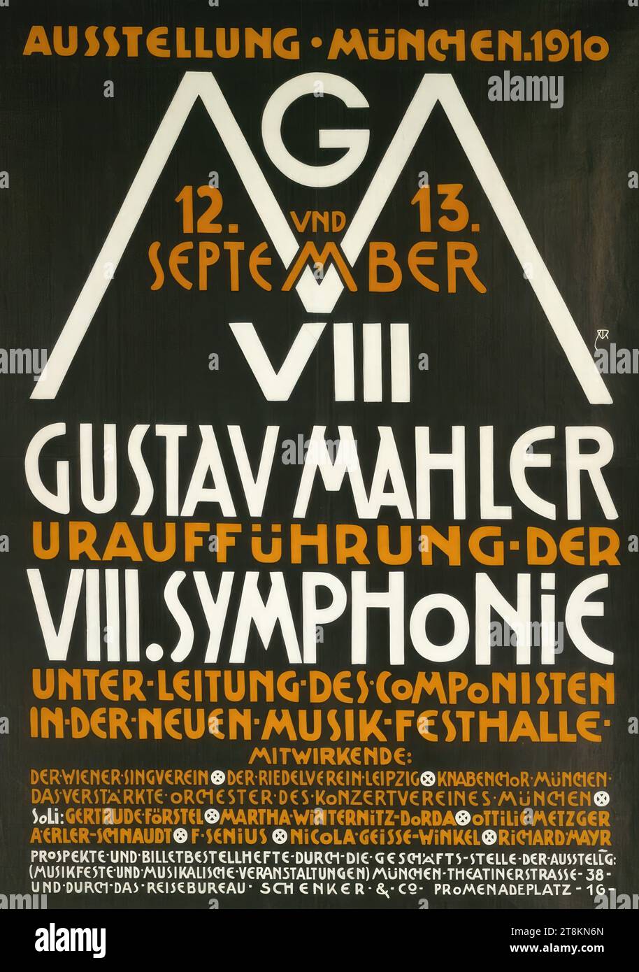 AUSSTELLUNG MÜNCHEN 1910; GUSTAV MAHLER URAUFFÜHRUNG DER VIII. SINFONIE, Alfred Roller, Brünn 1864 - 1935 Wien, 1910, Druck, Farblithographie, Blatt: 1255 mm x 910 mm, Österreich Stockfoto