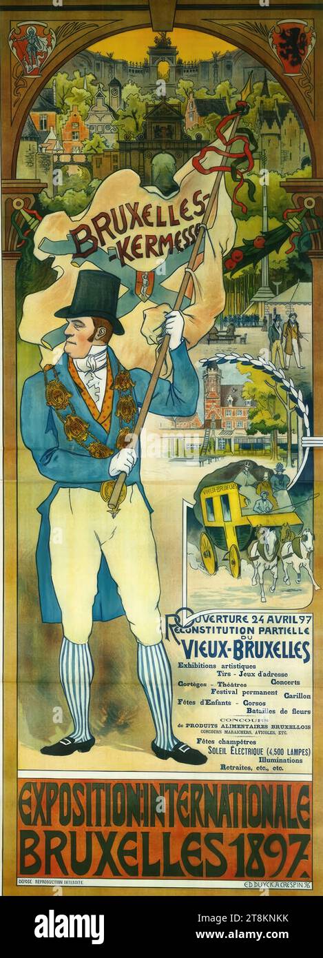 EXPOSITION INTERNATIONALE BRUXELLES 1897, Edouard Duyck, Belgien, 1856 - 1897, Adolphe Crespin, Brüssel 1859 - 1944 Saint-Josse-ten-Noode, Belgien, 1896, Druck, Farblithographie, Blatt: 2370 mm x 920 mm Stockfoto