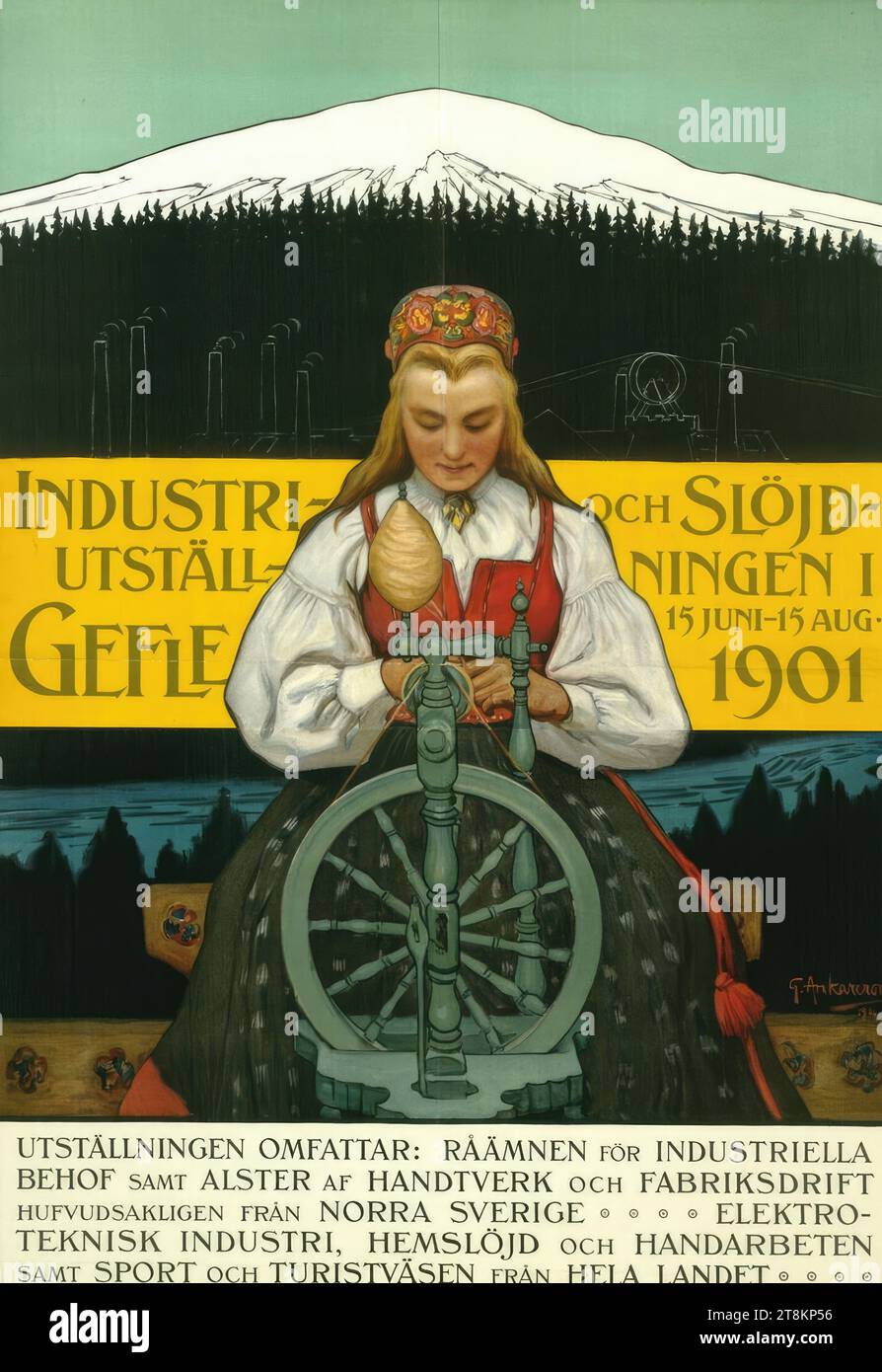 INDUSTRIE- OCH SLÖJD- UTSTÄLLNINGEN I GEFLE; 15. JUNI - 15. AUGUST 1901, Gustav Ankarcrona, Pfarrei Hakarps 1869 - 1933 Tällberg, 1901, Druck, Farblithographie, Blatt: 1460 mm x 980 mm Stockfoto