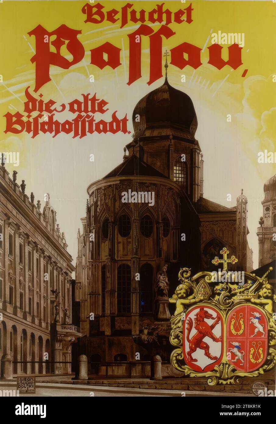 Besuche Passau, die alte Bischofsstadt, Siegmund von Suchodolski, Weimar 1875 - 1935 München, um 1920, Druck, Farblithographie, Blatt: 1250 mm x 905 mm, rechts. "OSCAR CONSEE/A.-G./KUNSTASTALT/MUNICH/VALLEYSTR/7-9", GEDRUCKT Stockfoto
