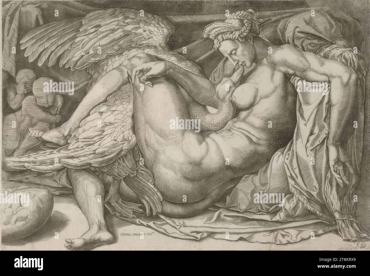 Leda und der Schwan, Cornelis Bos, den Bosch 1506 - 1556 Groningen, zwischen 1526 und 1556, Druck, Kupferstich, Blatt: 27,7 x 40,7 cm Stockfoto