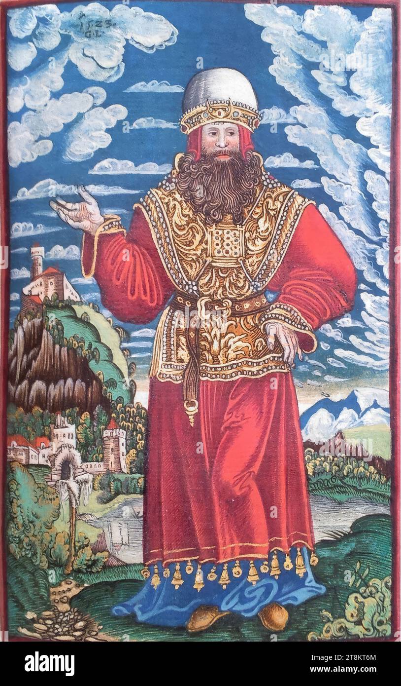 Altes Testament, Lutherbibel, Aaron im Priestergewand, Exodus 28, 4-43, Georg Lemberger, Landshut um 1490/1500 - um 1540 Leipzig, 1524, Druck, Holzschnitt, farbig, Blatt: ca. 17, 5 x 11,5 cm, auf Beiblatt 1 verso: 'g. L. Gottfried Leigel', siehe unter 'historische Zuschreibungen' Stockfoto