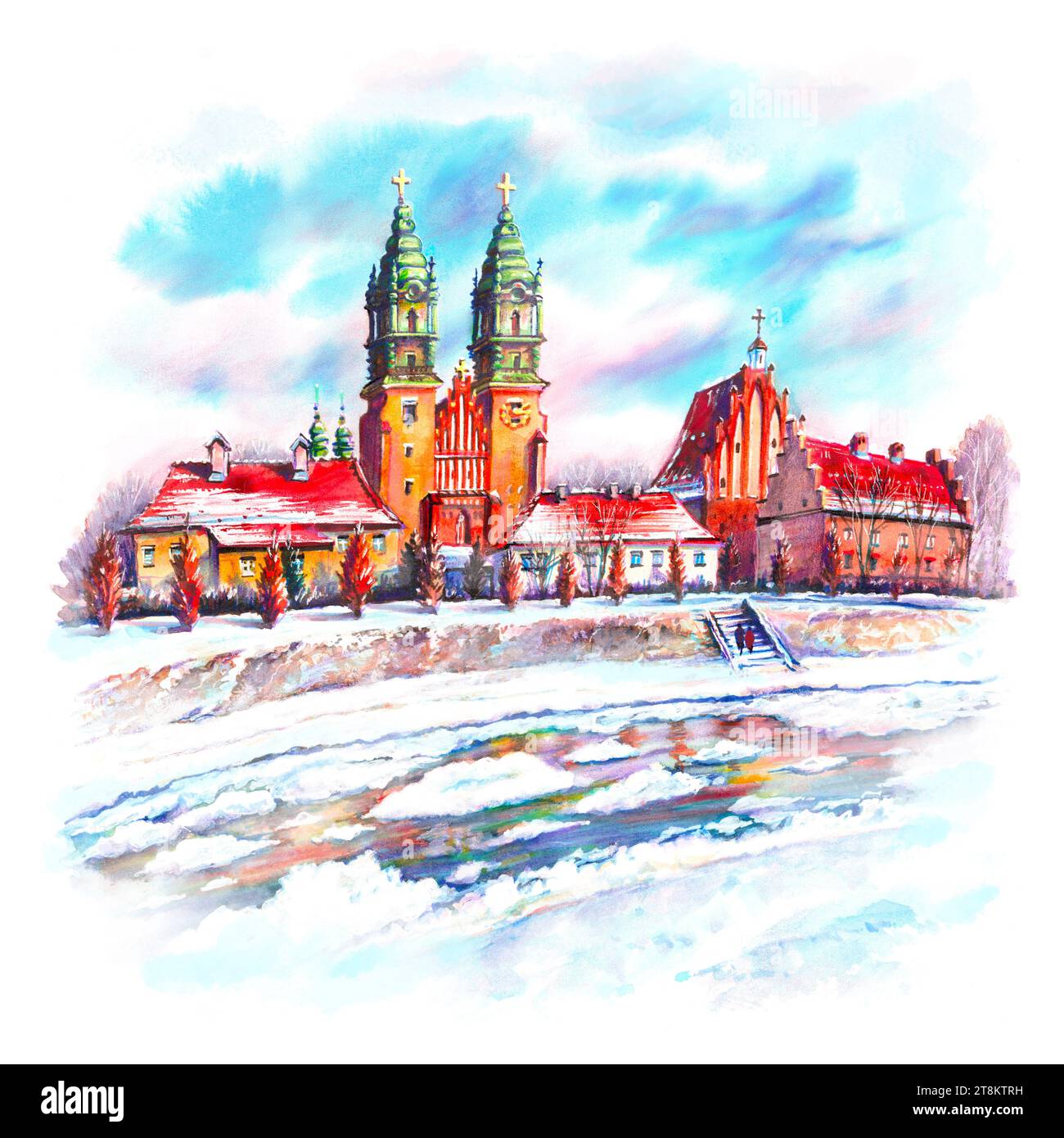 Aquarellskizze der Basilika St. Peter und St. Paul im Winter, Posen, Polen Stockfoto