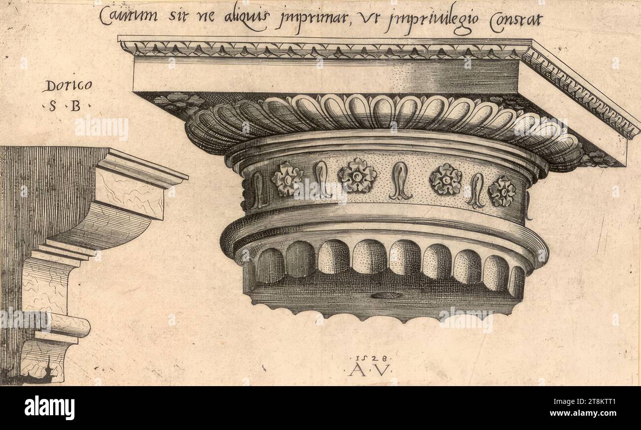 Dorische Hauptstadt, unbestimmt, um 1528, Druck, Kupferstich, Blatt: 10,9 x 17,8 cm, M.O. 'Cautum sit ne aliquis imprimat, ut imprivilegio constat Stockfoto