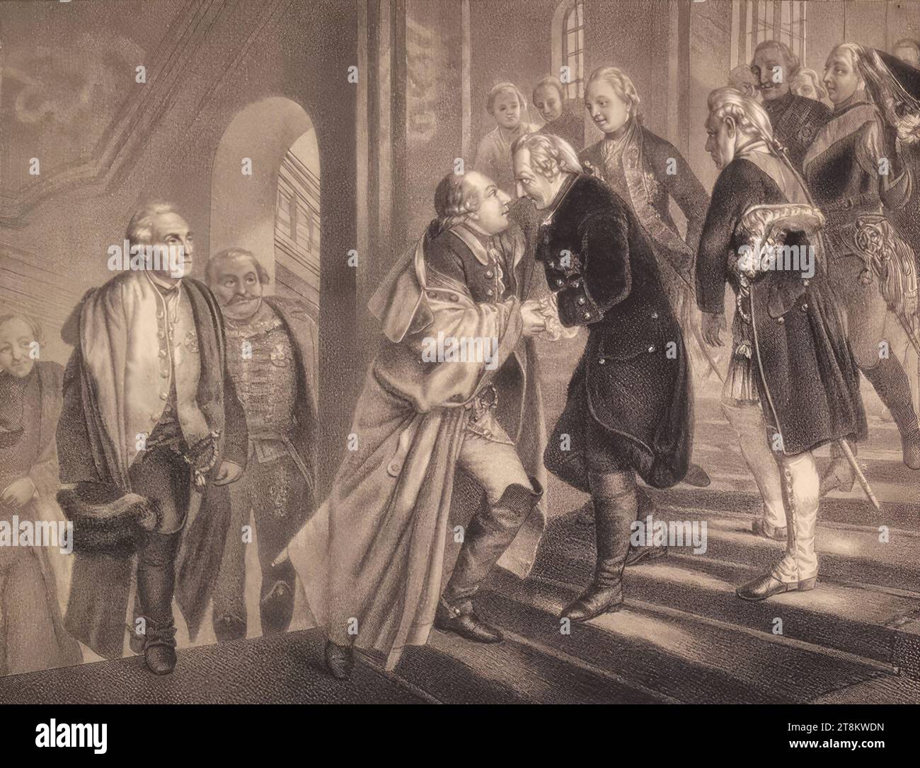 König Friedrich II. Von Preußen empfängt Kaiser Joseph II. Am 25. August 1769 in Neiße, Schlesien, um 1860, Druck, Lithographie mit Tonplatte auf Papier, Blatt: 45,7 x 61,6 cm Stockfoto