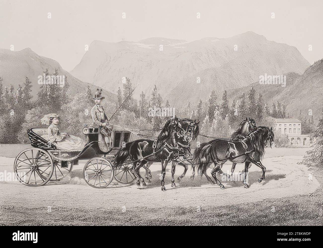 Kronprinz Rudolf und Erzherzogin Gisela von Österreich in einer Kinderwagen in Reichenau an der Rax, um 1870, Druck, Lithographie auf Papier, Blatt: 43,7 x 58 cm, [R.r.] 'nach der Natur genommen'; [l.u.] 'mit Vorbehalt gegen jede Hervorhebung Stockfoto