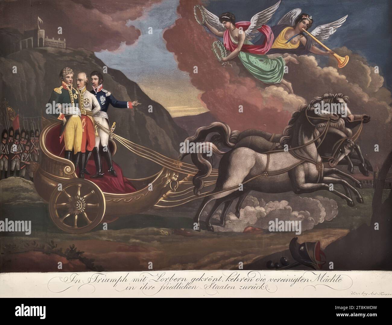 Kaiser Franz I. von Österreich, Kaiser Alexander I. von Russland und König Friedrich Wilhelm III Von Preußen als sieger über Napoleon im Triumphwagen, Allegorie, anonym, um 1813/15, Druck, Aquatint auf Papier, Färbung in deckenden Farben, Blatt: 40 x 47,7 cm Stockfoto