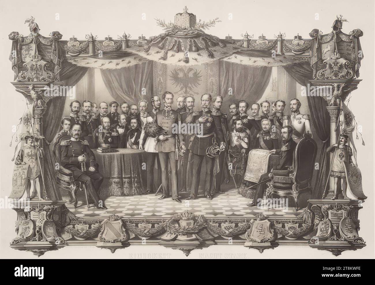 Die Fürsten der Deutschen Eidgenossenschaft unter der Führung von Kaiser Franz Joseph I. von Österreich und König Wilhelm I. von Preußen, 1861, Druck, Lithographie mit Tonplatte und weißen Aussparungen auf Papier, Blatt: 54,3 x 72,6 cm, Verlag Königl. Hof-Steindr. In Magdeburg.“ / 'Gesetzlich geschützt vor Nachdruck.', 'Debit für Norddeutschland E. Baensch in Magdeburg / für Süddeutschland J. Loewenstein & Co in Elberfeld.'; [R.r.] 'gewidmet den deutschen Fürsten und dem Volk [von Julius Brückner Stockfoto