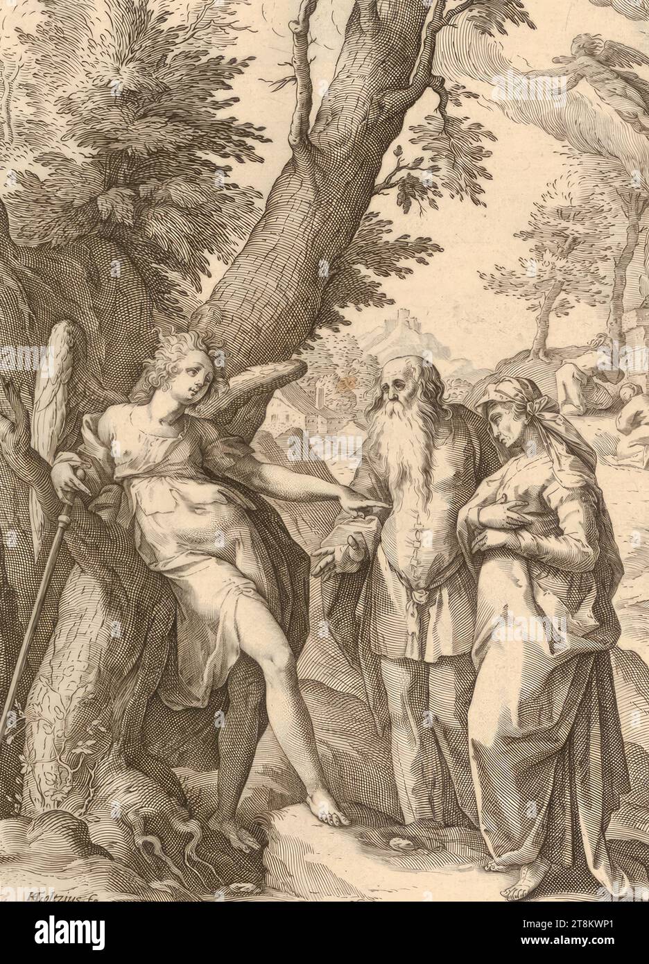 Der Engel kündigt die Geburt von Samson an Manoah und seiner Frau, um 1586, Druck, Kupferstich, M.u. 'Iudas et Thamar / Gen: 38 Stockfoto