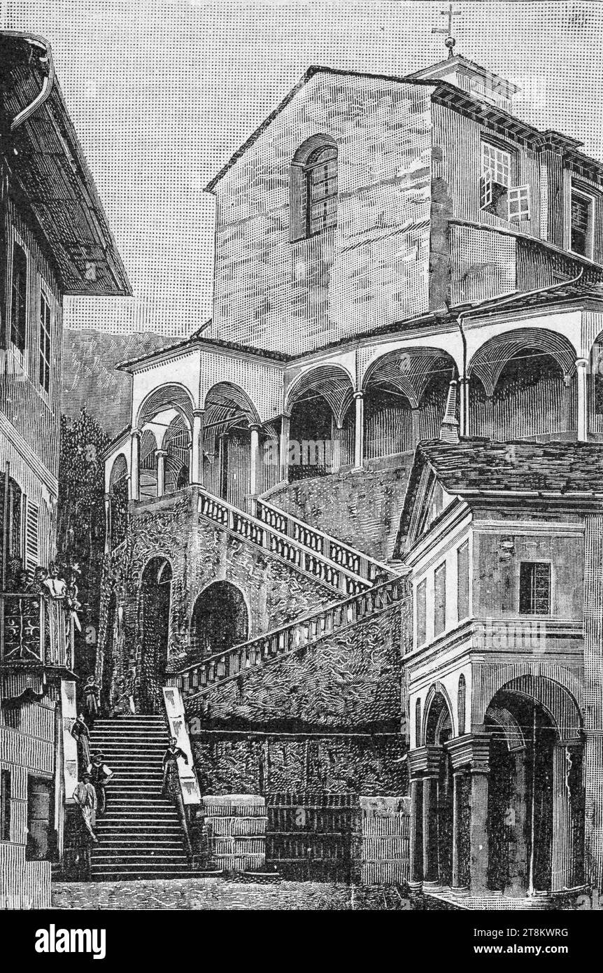 Varallo, chiesa di San Gaudenzio. Scalinata e portico (xilografia). Stockfoto