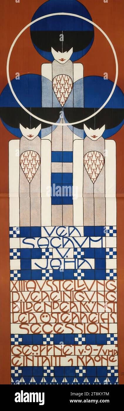 VER SACRUM; V. JAHR; XIII AUSSTELLUNG; SECESSION, Koloman Moser, Wien 1868 - 1918 Wien, 1902, Druck, Farblithographie, Blatt: 187,6 x 63,5 cm, betitelt und in der unteren Mitte der Platte beschriftet: VER / SACRUM / V. / JAHR / XIII AUSSTELLUNG / D. VEREIN / BILDENDE KÜNSTE / ÖSTERREICHISCH / SECESSION / OFFEN v. 9:00 bis 7:00 Uhr / EINTRITT 1 KRONE; unten in der Mitte des Schildes beschriftet: LITH. U. PRINT A. BERGER VIENNA, VIII/2, ÖSTERREICH Stockfoto