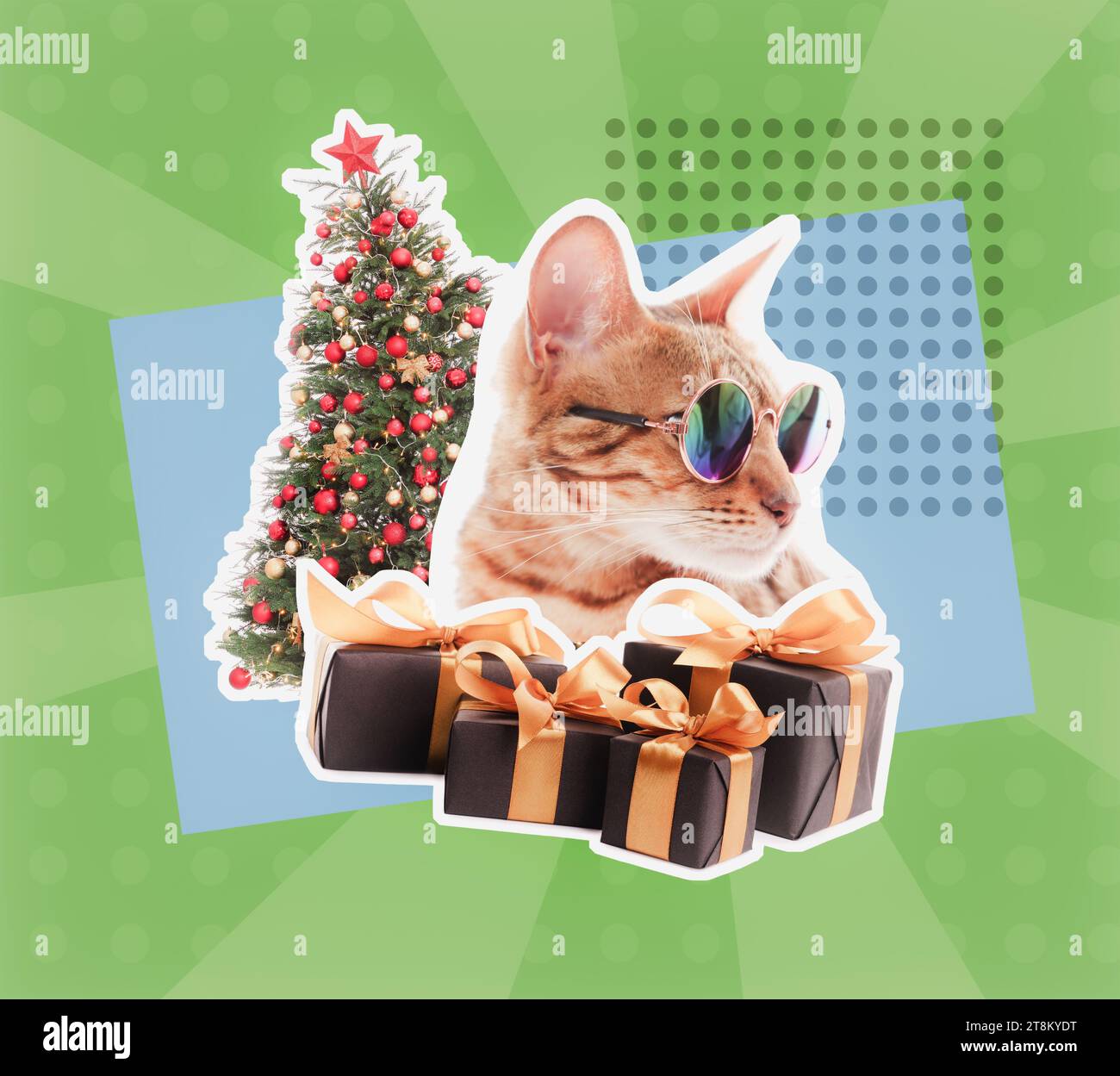 Kreative Collage. Katze in Sonnenbrille und Geschenkboxen in der Nähe des Weihnachtsbaums vor farbigem Hintergrund Stockfoto