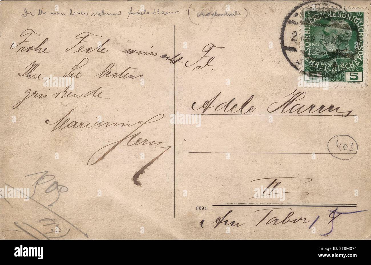 Postkarte von Marianne Cerny nach Adele Harms, Dritter von links, Foto von der Kochschule, 21. Dezember 1909, Archiv, Tinte, schwarz, auf Papier, 8,9 x 14 cm Stockfoto