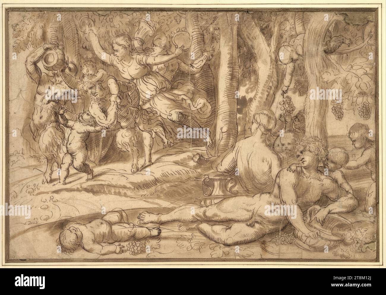 Liegender Liebhaber und Schwärmen bacchae, Satyrs und Putti in einer Baumlandschaft, anonym, venezianisch, um 1600, Zeichnung, Stift; gewaschen; rechte Ecken beschädigt, 25,2 x 37,5 cm, l.l. Herzog Albert von Sachsen-Teschen, unten links 'polidore' in alter Handschrift Stockfoto