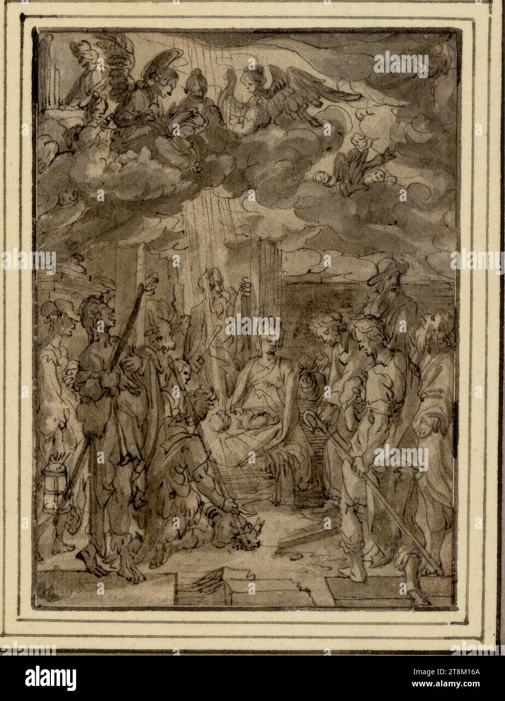 Die Anbetung der Hirten, Zeichnung, schwarz-brauner Stift, Waschung, 10,1 x 7,4 cm, links und Herzog Albrecht von Sachsen-Teschen Stockfoto