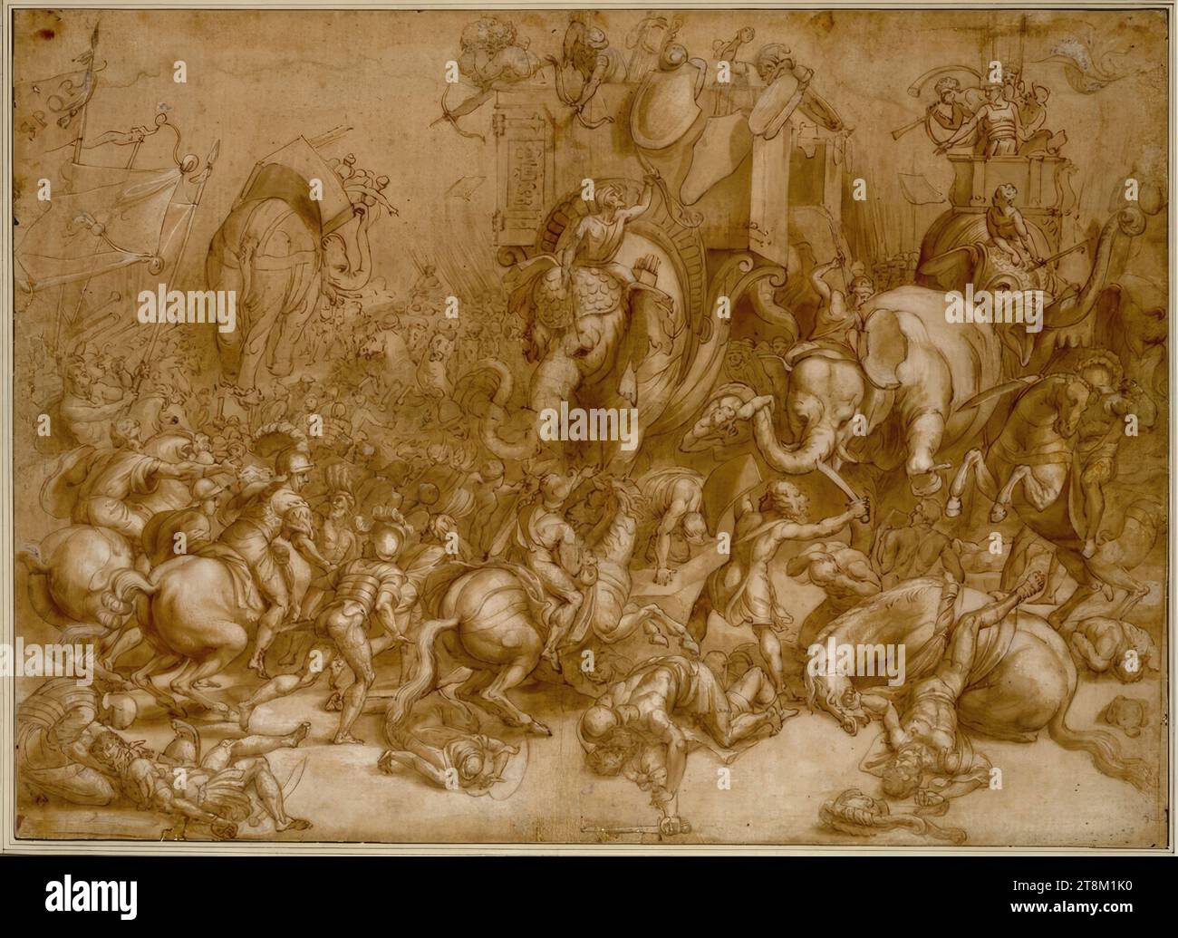 Die Schlacht zwischen Scipio und Hannibal bei Zama, anonym, zeichnen, Kreide; Feder; gewaschen; weiß erhöht, 42,3 x 58,6 cm, l.l., Herzog Albert von Sachsen-Teschen, auf dem Banner oben links „SPQR Stockfoto