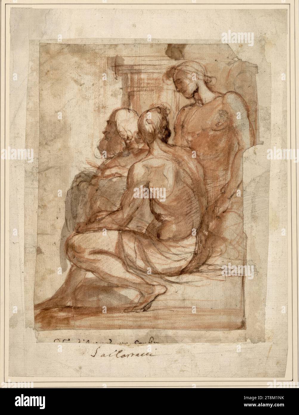 Drei Männer sitzen links von einer Säule, Giovanni Francesco Bezzi genannt il Nosadella (Italien, 1500–1571), Zeichnung, rote Kreide; Feder; Kreide; gewaschen; gewaschene Zeichnung unregelmäßig zugeschnitten und auf zwei verlängerte Trägerblätter (17,5 x 13,8 cm) auf der ersten Schicht Trägerpapier aufgeklebt, unten abgeschnitten, Stift und Tinte nicht mehr lesbar; darunter auf der zweiten Schicht des Trägerpapiers, alter Stift und Tinte mit der Aufschrift 'dal Carracci Stockfoto