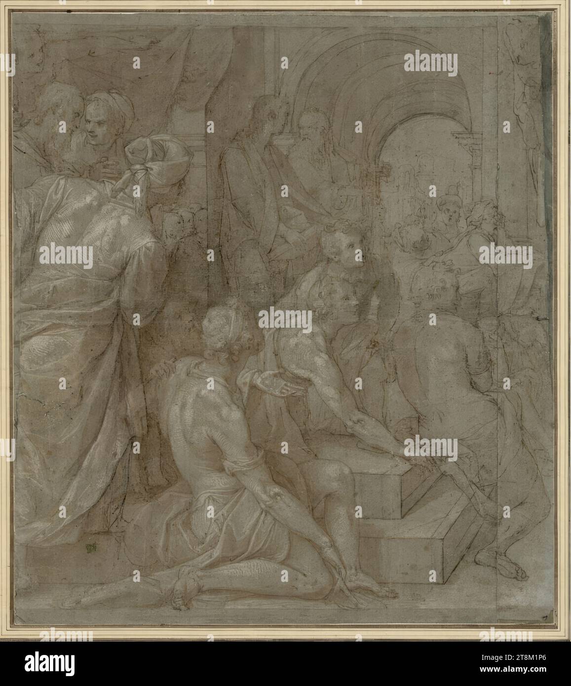 Gruppe von Menschen vor einem Rundbogen, Federico Zuccari (Sant' Angelo in Vado 1540/41 - 1609 Ancona), Zeichnung, Stift, graues Waschen, mit weiß erhöht, auf blauem Papier, 44,2 x 39,2 cm, l.l., Herzog Albert von Sachsen-Teschen Stockfoto