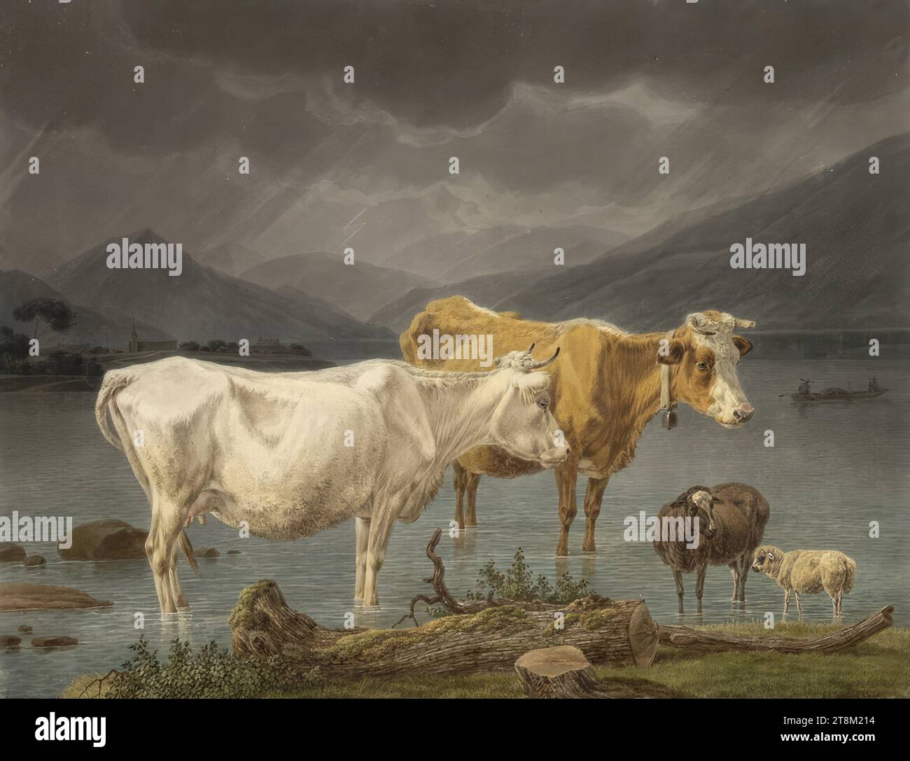 Kühe und Schafe im Flachwasser des Schliersees mit herannahendem Gewitter, Wilhelm Alexander Wolfgang von Kobell (Mannheim 1766 - 1855 München), 1806, Zeichnung, Stift in grau, Aquarell, Blitzlicht ausgekratzt, über Bleistiftmarkierungen, schwarze Rahmenlinie, 47,2 x 61,8 cm, links und ru Herzog Albrecht von Sachsen-Teschen Stockfoto