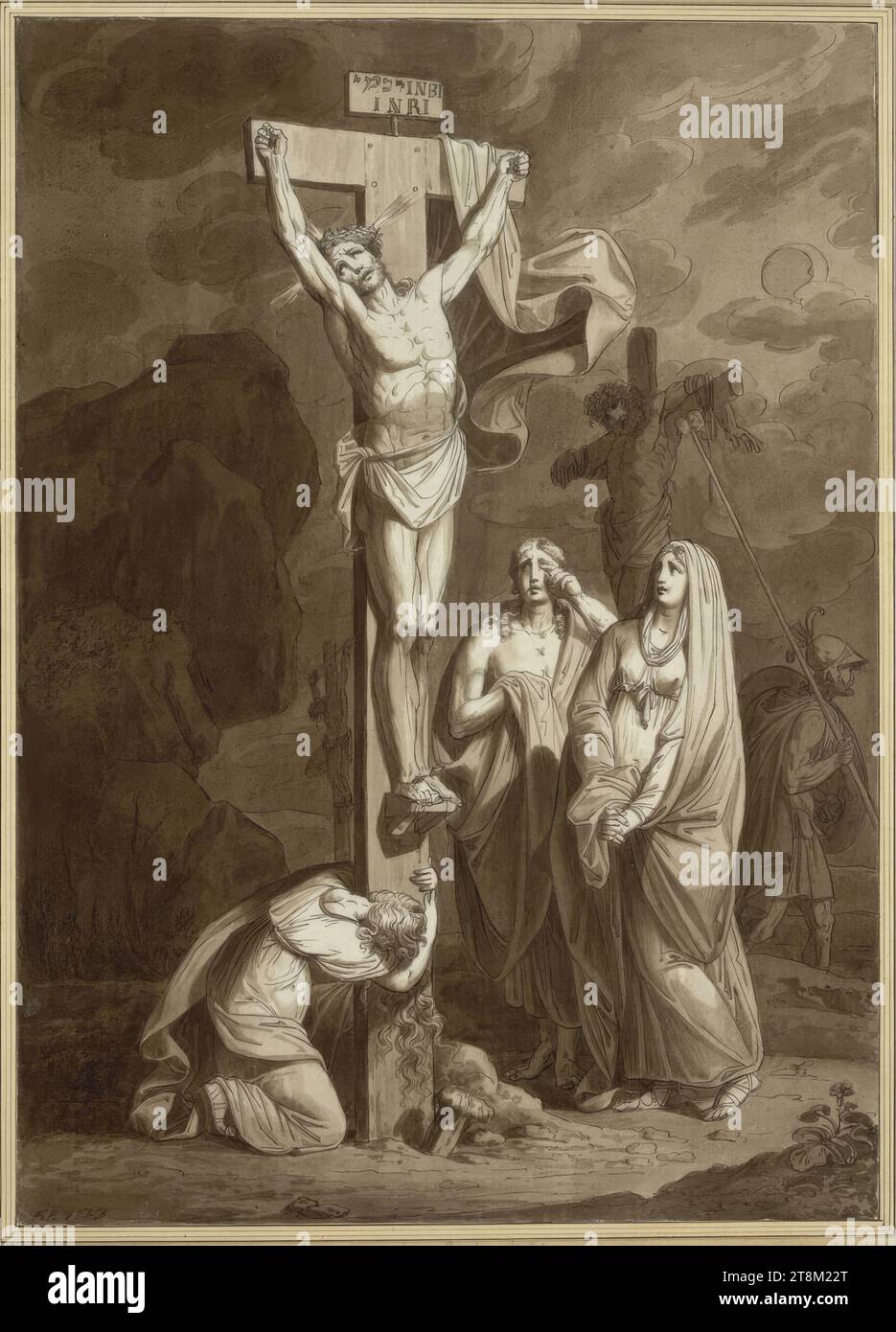 Die Kreuzigung, Karl Russ (Wien 1779 - 1843 Wien), 1803, Zeichnung, Stift und Pinsel in Braun, 62,3 x 44,4 cm, l.l. Herzog Albert von Sachsen-Teschen, l.u. ' KR 1803 ' ( Stift in Braun ), ' Rus ' ( Bleistift ) Passepartout: Auf Albert Mount ' Raucher ' ? Russ Stockfoto