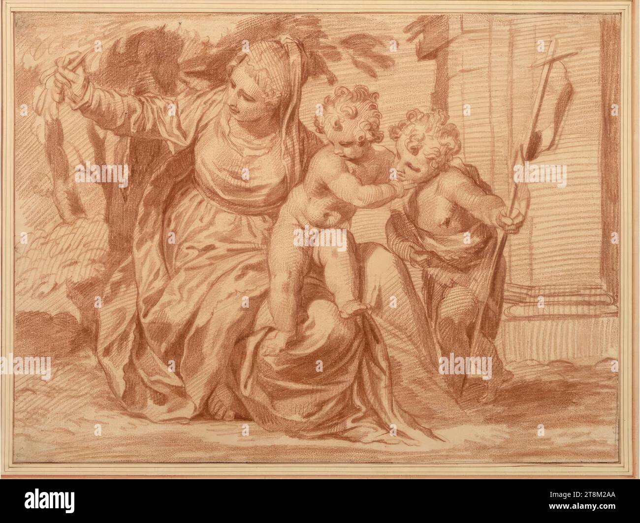 Maria mit Jesuskind und Johannes, anonym, Zeichnung, rote Kreide, 28,4 x 38,4 cm, l.l., Herzog Albert von Sachsen-Teschen Stockfoto