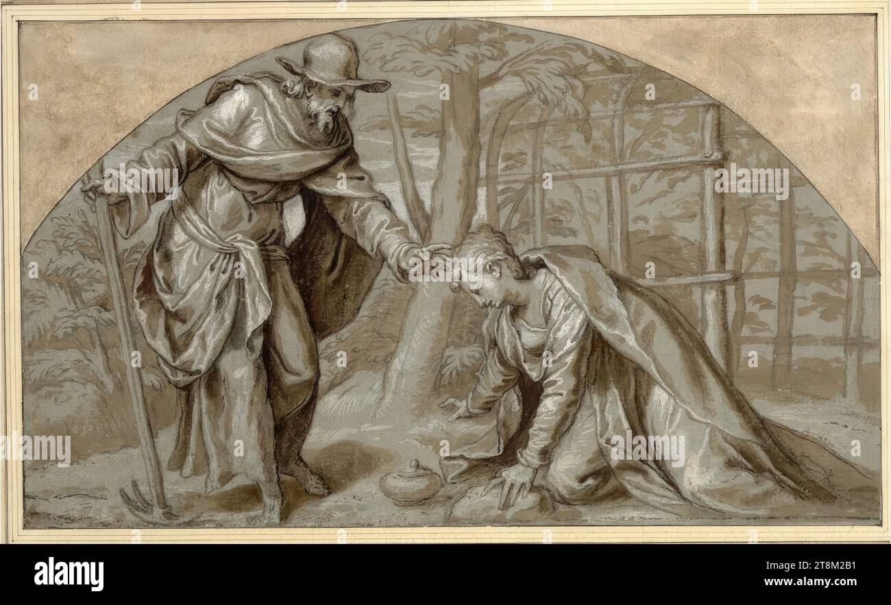Noli me tangere. Christus erscheint den Magdalenen als Gärtner (Lünette), Paolo Farinato (Verona 1524 - 1606 Verona), Zeichnung, Kreide; Feder; gewaschen; weiß erhöht; auf bläulichem Papier, 24,5 x 41,2 cm, l.l., Herzog Albert von Sachsen-Teschen Stockfoto