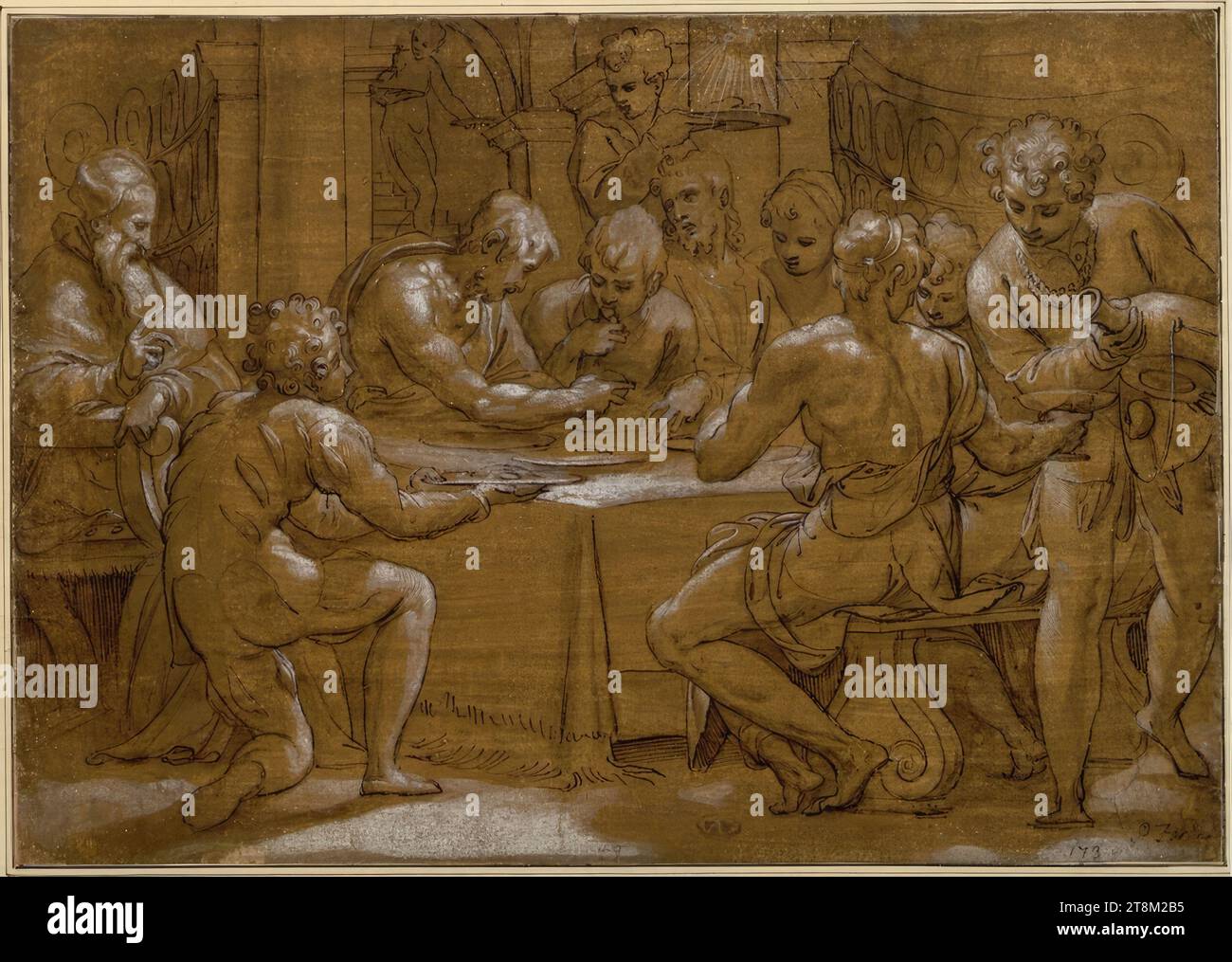 Papst Gregor der große teilt seine Mahlzeit mit den Armen, Paolo Farinato (Verona 1524 - 1606 Verona), zeichnet, zeichnet, zeichnet, wascht, mit weiß erhöht, 25,8 x 36,7 cm, Damery; r.b. Herzog Albert von Sachsen-Teschen, unten rechts in alter Schreibschrift 'P. Farinati' und '173'; unten in Kreide '49.'; rechts die Schnecke, Farinatis Künstlerschild Stockfoto