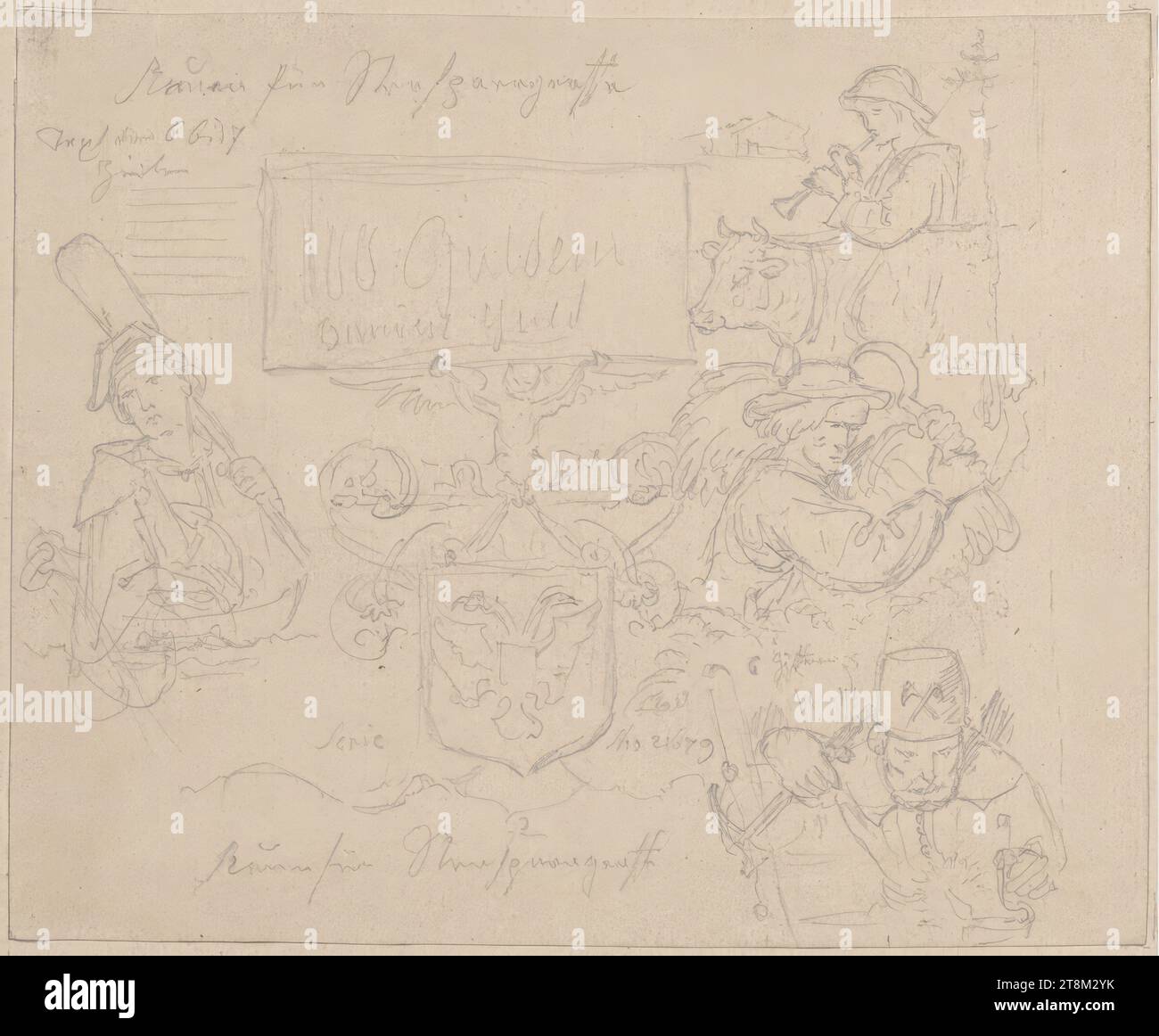 3. Banknotenentwurf für hundert Gulden-Note: Drei Figuren für Bergbau, Landwirtschaft und Tierhaltung, 5-teilige Serie: Banknotenentwurf, Josef von Führich (Kratzau 1800 - 1876 Wien), Zeichnung, Bleistift, nach Cahier: 11,2 x 13,6 cm, l.o. Schriftzug unleserlich; Detailunterschrift Stockfoto