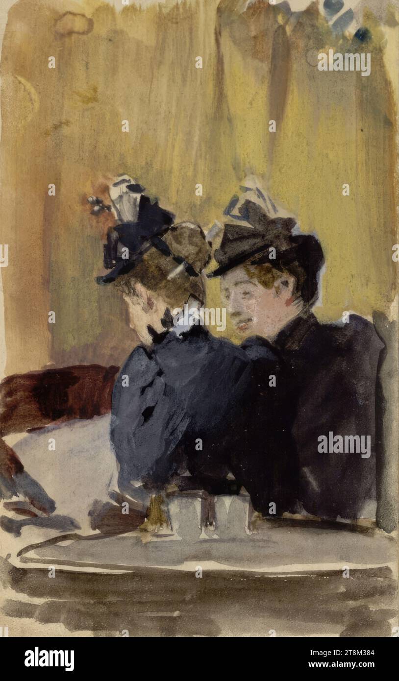 Zwei Damen, die die Zeitung in einem Kaffeehaus lesen, Hagengesellschaft, Sigmund Walter Hampel (Wien 1867 - 1949 Nußdorf am Attersee), Zeichnung, Aquarell, 10,1 x 6,2 cm Stockfoto