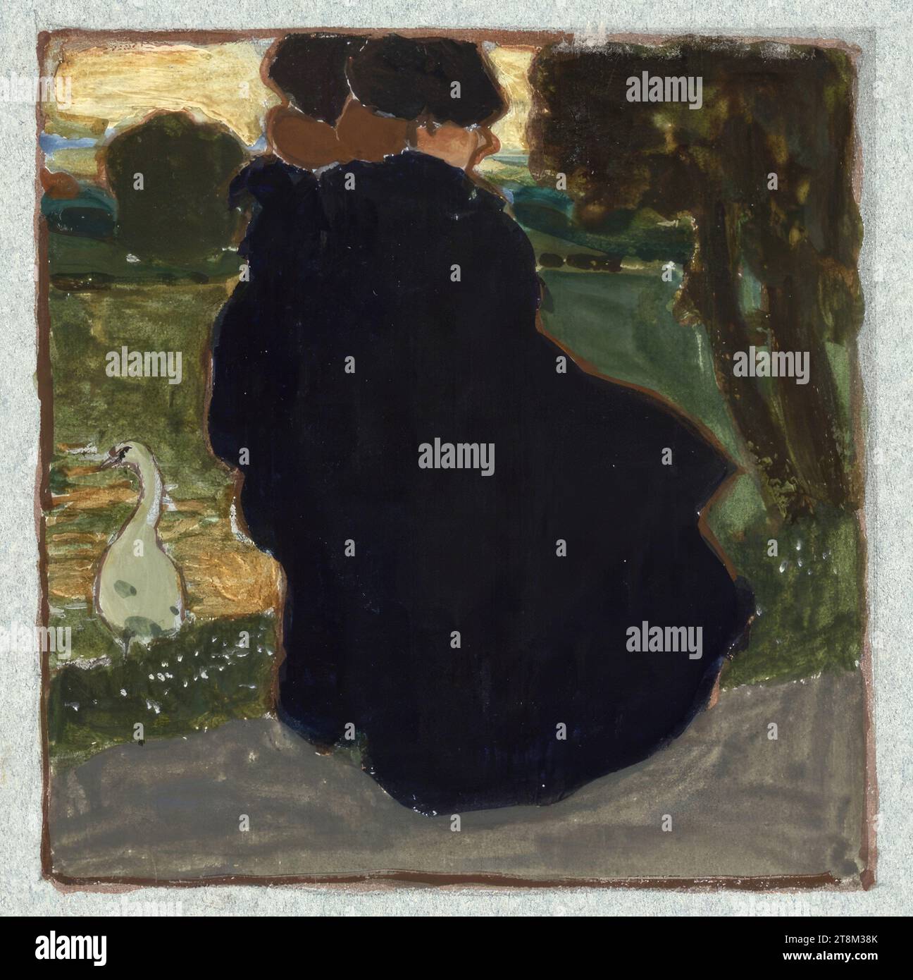 Zwei Frauen in dunkler Kleidung, die am Ufer eines Teiches entlang laufen, Hagengesellschaft, Sigmund Walter Hampel (Wien 1867 - 1949 Nußdorf am Attersee), Zeichnung, Körperfarbe, 12,2 x 12,2 cm Stockfoto