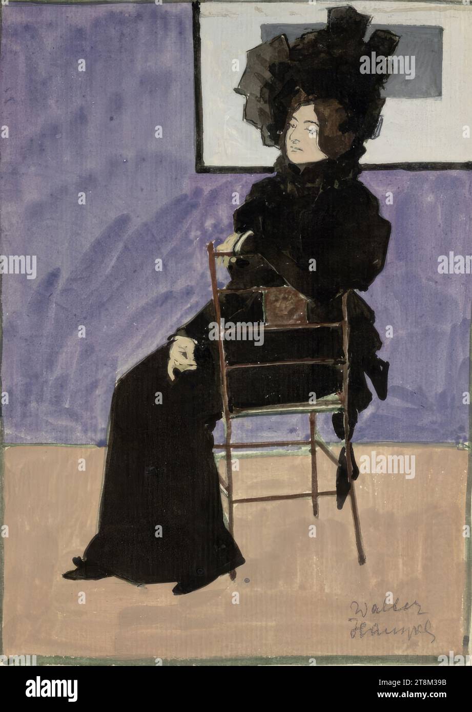 Schwarz gekleidete Dame auf einem Sessel vor einer violetten Wand sitzend, Hagengesellschaft, Sigmund Walter Hampel (Wien 1867 - 1949 Nußdorf am Attersee), Zeichnung, Aquarell, 19,8 x 14 cm Stockfoto