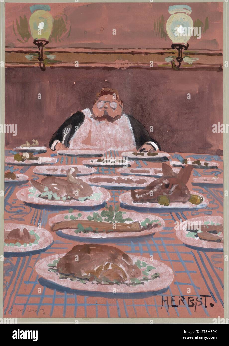 Herbst. Nowak Festessen, Hagengesellschaft, Maximilian Lenz (Wien 1860 - 1948 Wien), Zeichnung, Aquarell, 31,3 x 22 cm, re. Und: „HERBST Stockfoto