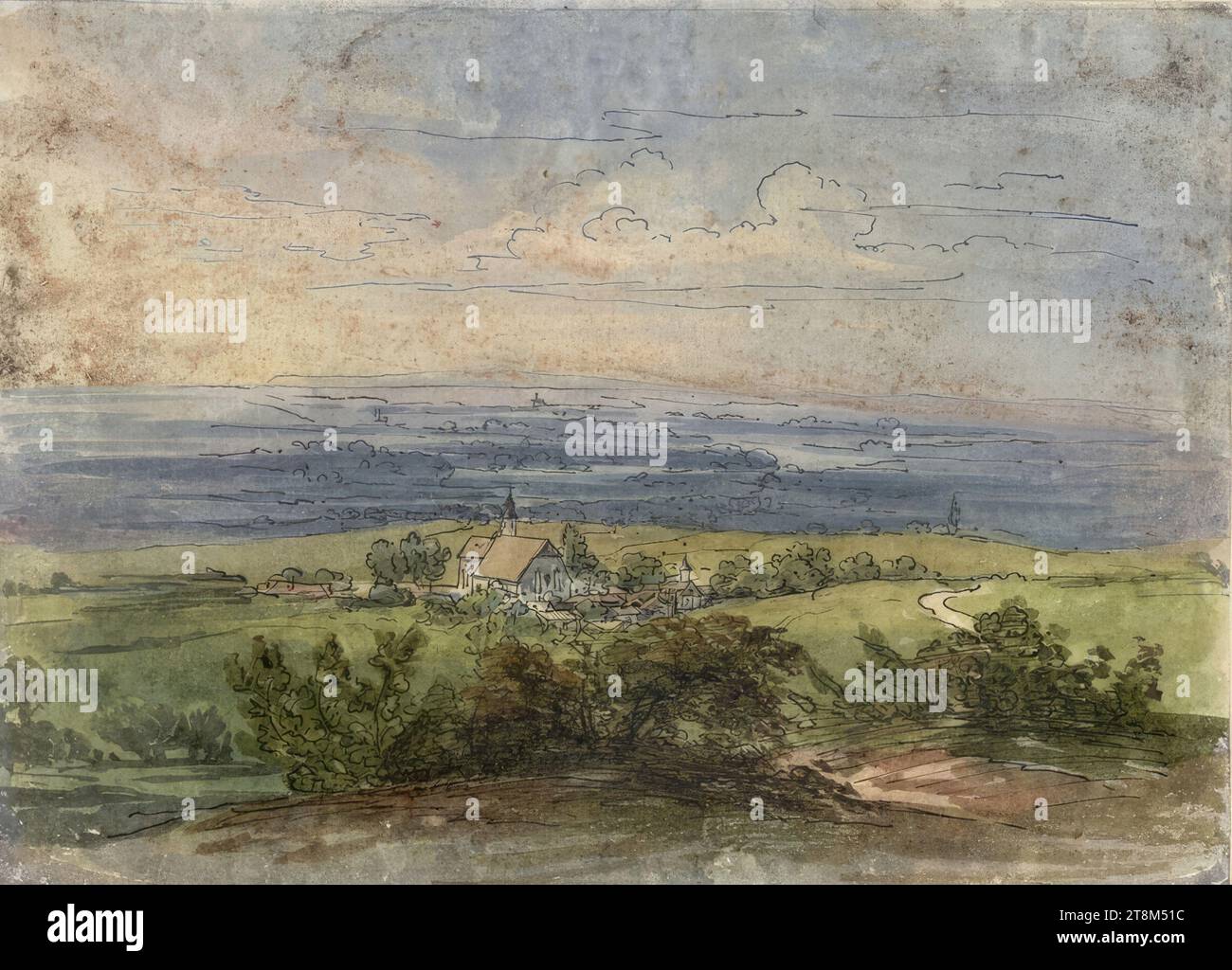 Landschaft mit Dorf, Joseph Höger (Wien 1801 - 1877 Wien), C. Mayer, Zeichnung, Stift und Aquarell, 13,8 x 19 cm, Karton: l.l. 'c Mayer del.'; mu 'F W. Fink links.'; r.b. 'Höger collo Stockfoto