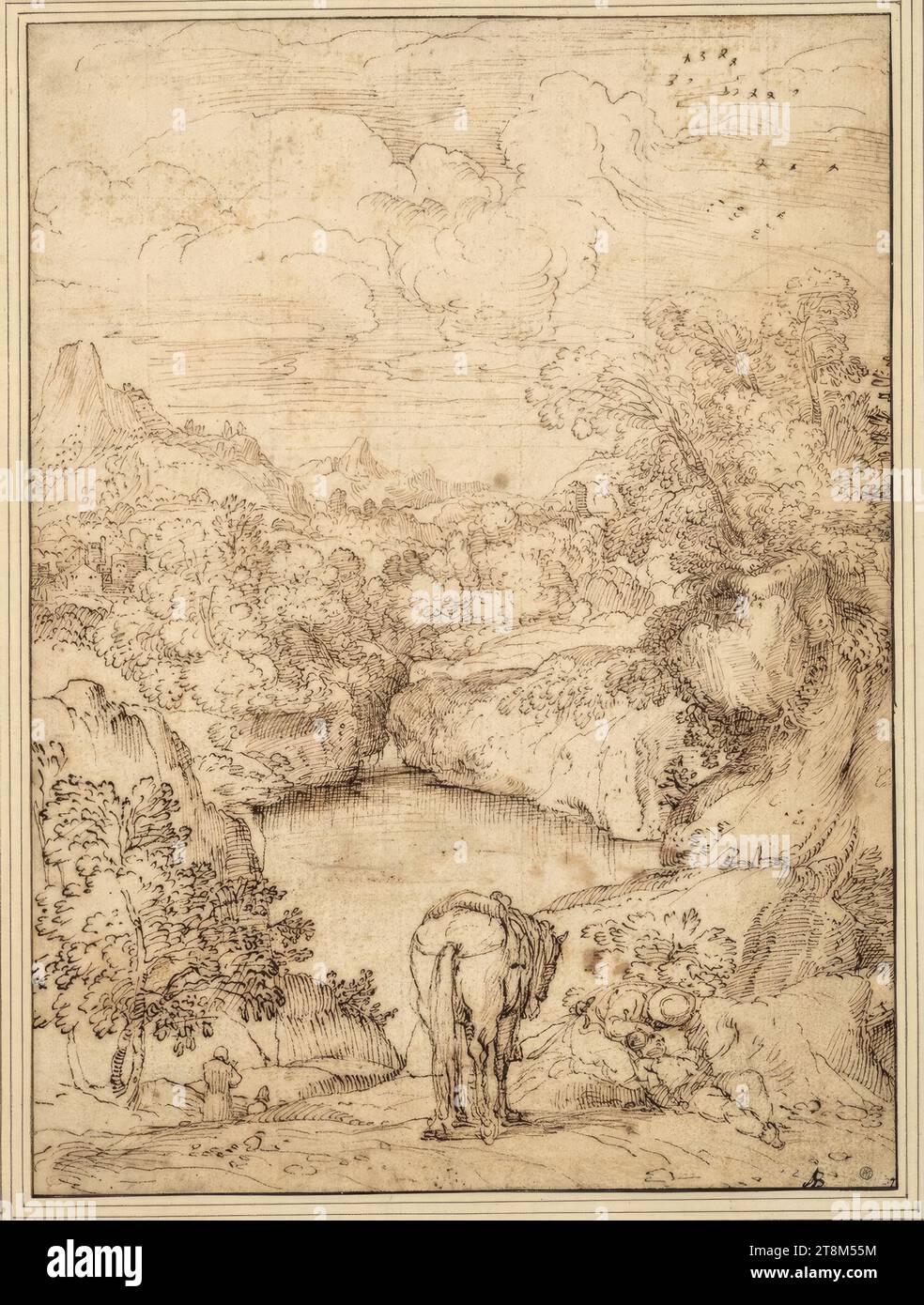 Berglandschaft rund um einen See und Darstellung des barmherzigen Samariters Agostino Carracci (Bologna 1557 - 1602 Parma), Zeichnung, Tusche, Stift, 27,3 x 20,0 cm, r.r. Mariette; r.b. Bourgugue; l.b. Herzog Albert von Sachsen-Teschen, unten rechts in einer alten Hand '67 Stockfoto