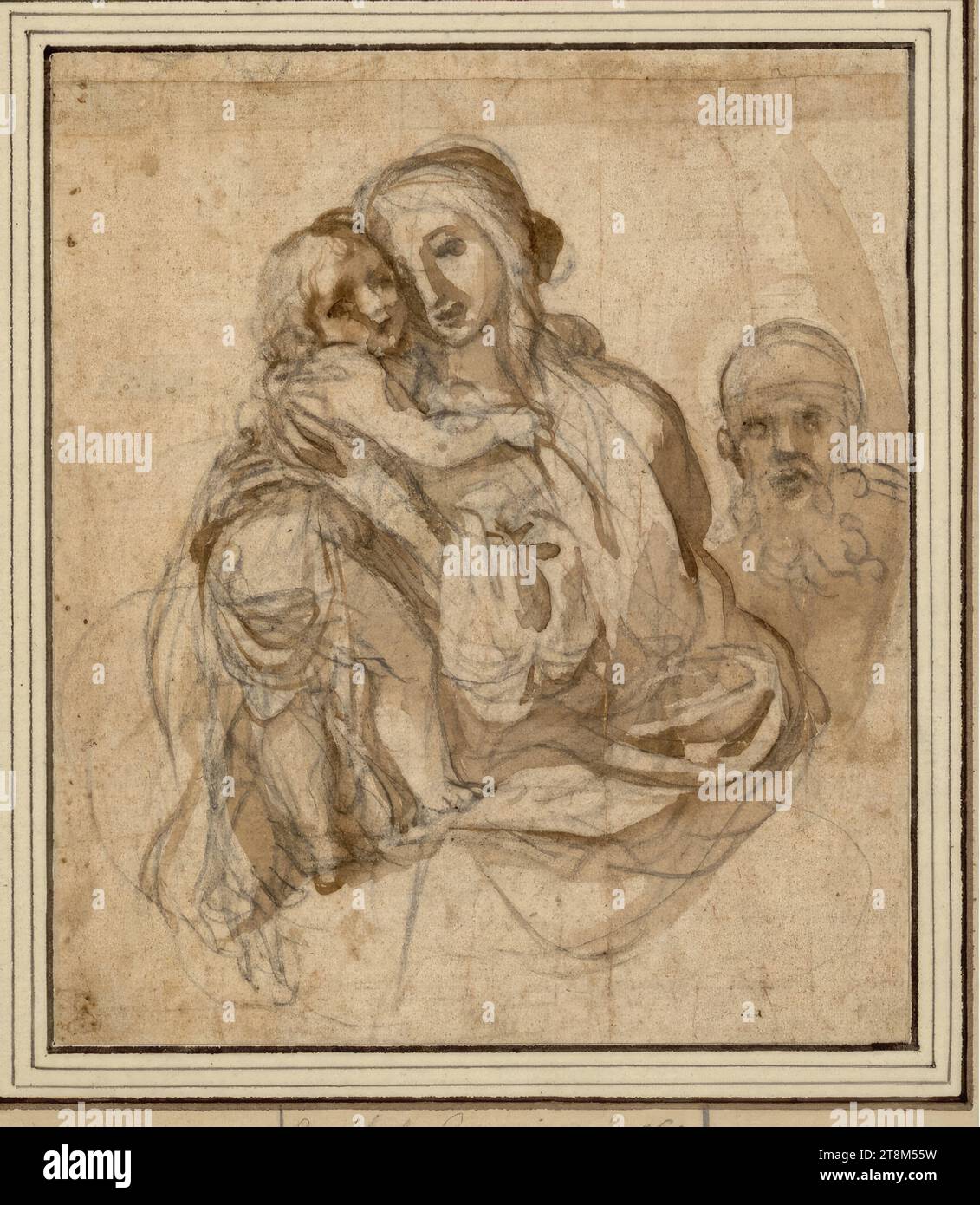 Heilige Familie, Ludovico Carracci (Bologna 1555 - 1619 Bologna), Zeichnung, Kreide; Pinsel in Braun; braunes Papier; ein oben angebrachter Streifen, 15,3 x 13,1 cm, l.l., Herzog Albrecht von Sachsen-Teschen Stockfoto