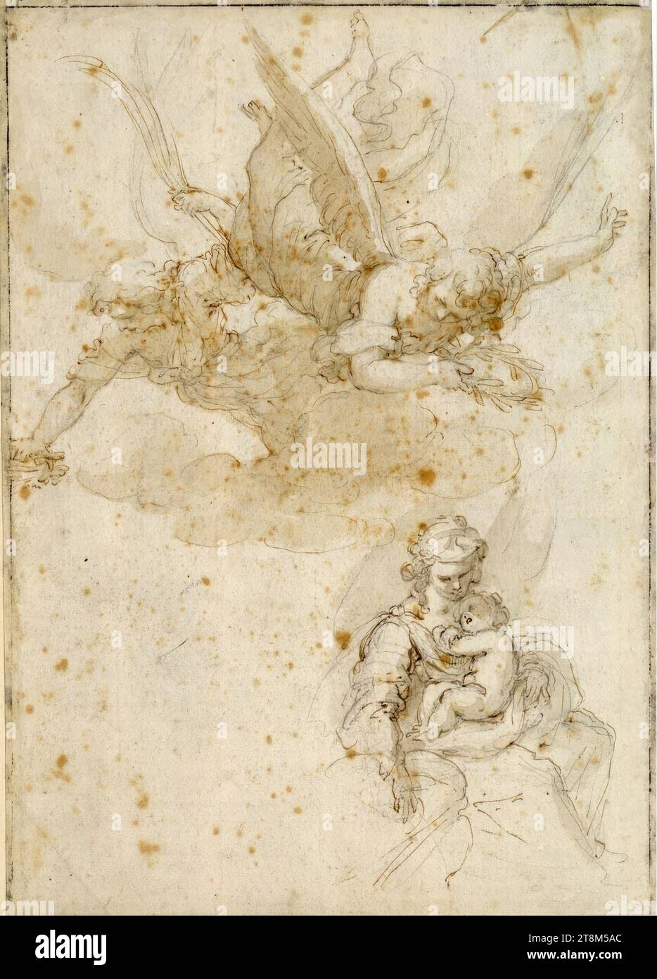 Eine Mutter mit ihrem schlafenden Kind auf dem Schoß; über zwei schwebenden Engeln mit Lorbeerkränzen, einer mit einem Palmzweig, anonym, Zeichnung, Metallnadel; Feder; gewaschen; Foxing, 29,5 x 21,4 cm, „Guide“. In Stift unten links Stockfoto