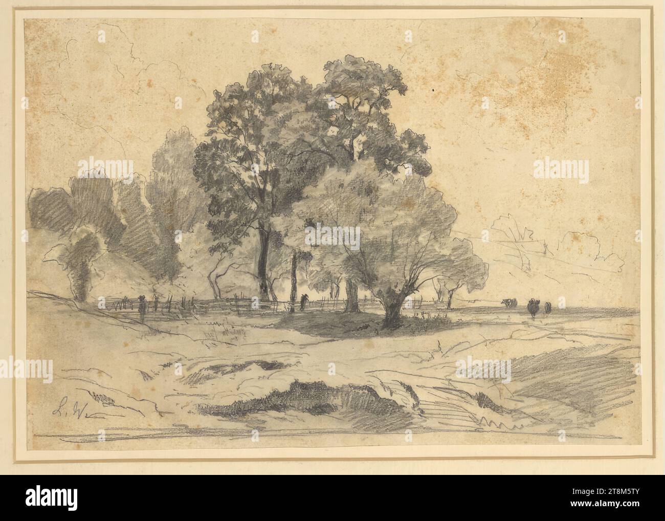Bankstück und Bäume auf einer Weide, Ludwig Willroider (Villach 1845 - 1910 Bernried am Starnberger See), Zeichnung, schwarze Kreide (Bleistift ?), gewischt, 21 x 30 cm (8 1/4 x 11 13/16 Zoll), l.l. 'L.w.' (Blei Stockfoto