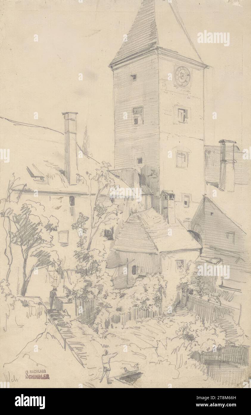 Ansicht von Wels, Emil Jakob Schindler (Wien 1842 - 1892 Westerland (Sylt)), Zeichnung, Bleistift, nach Cahier: 25,8 x 16,9 cm, l.l. 'ESTATE, SCHINDLER', l.u. 'Welse' Stockfoto