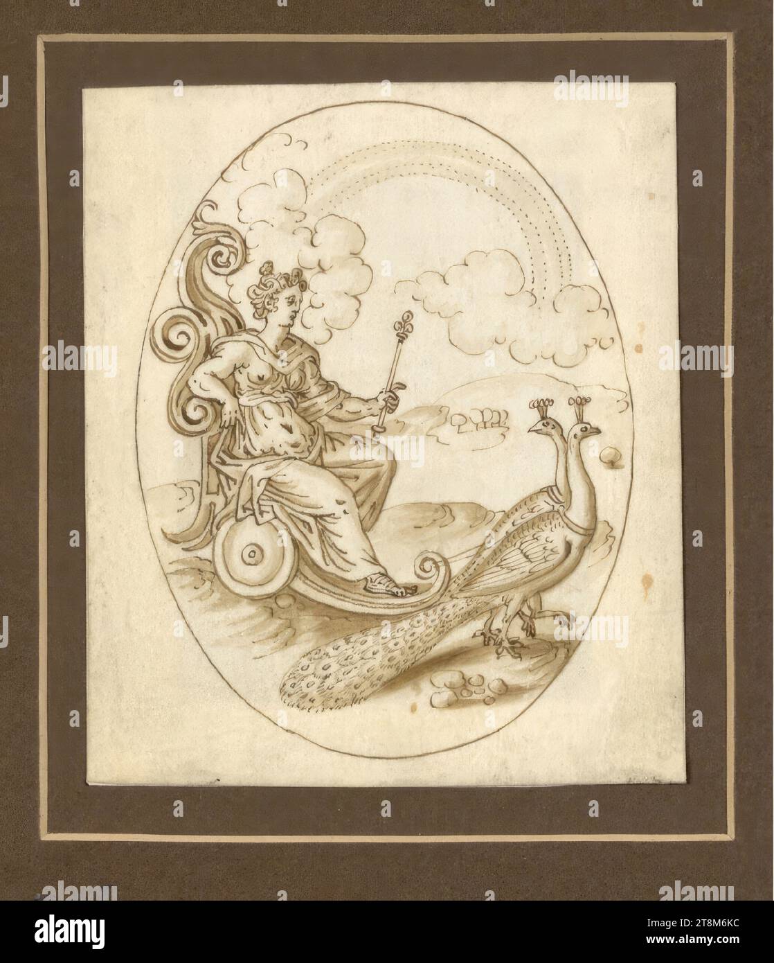 Juno im Pfauenwagen, Jonas Silber (Deutschland, erwähnt 1572 - 1589), Zeichnung, Bleistift, Stift, Tinte, Pinsel, mit brauner Tinte gewaschen, auf Pergament, 9,2 x 7,8 cm Stockfoto