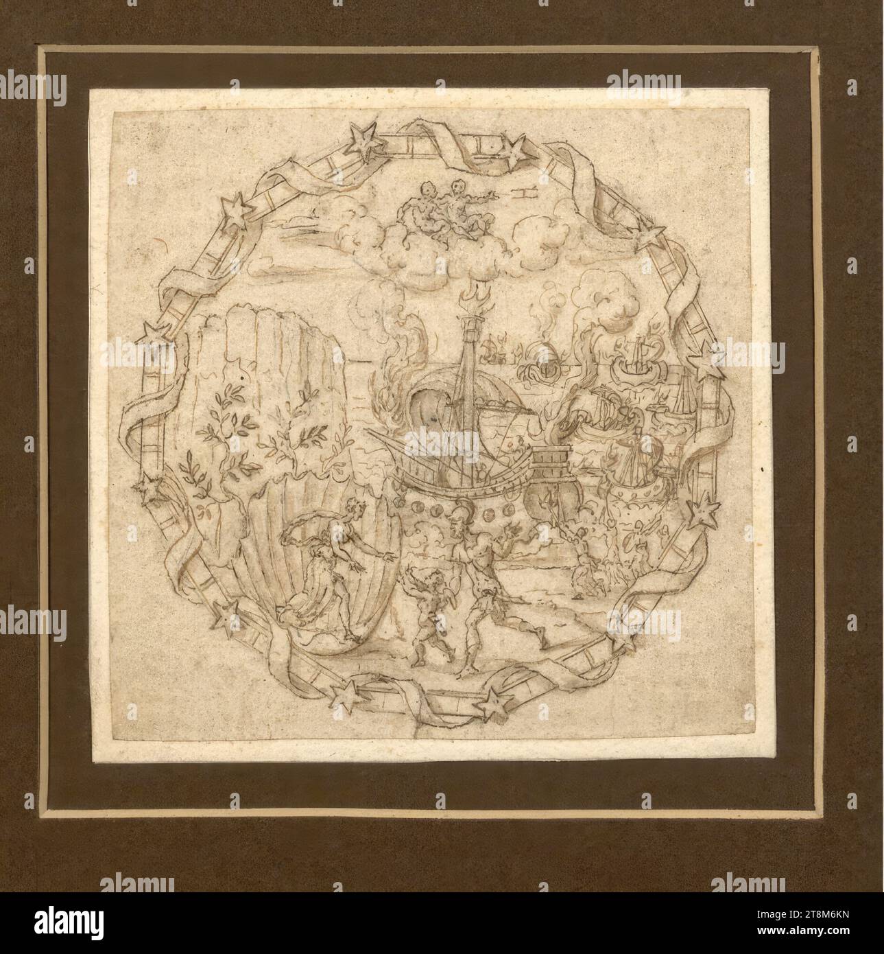 Die Trojanischen Damen zünden die Flotte von Aeneas, Etienne Delaune (Paris 1518/19 - 1583 Paris), Zeichnung, Bleigriffel, Feder, Tinte, Pinsel, mit Bister laviert, 7,9 x 8,9 cm Stockfoto