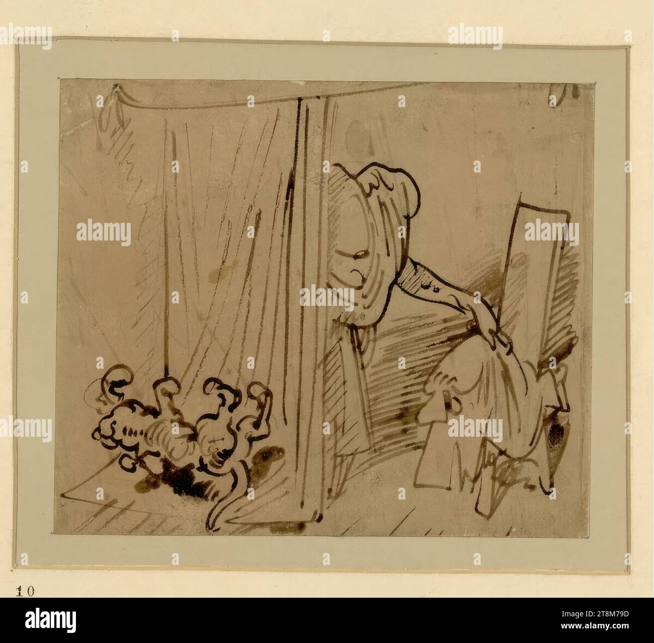 Das Warmbad (10), Wilhelm Busch (Wiedensahl/Hannover 1832 - 1908 Mechtshausen/Harz), 1865, Zeichnung, Stift und Pinsel in Braun, über Bleistiftmarkierungen, auf hellbraunem Grundierpapier, 11,1 x 13,1 cm, Passepartout: F.1642c3e, D.2065d3k Stockfoto