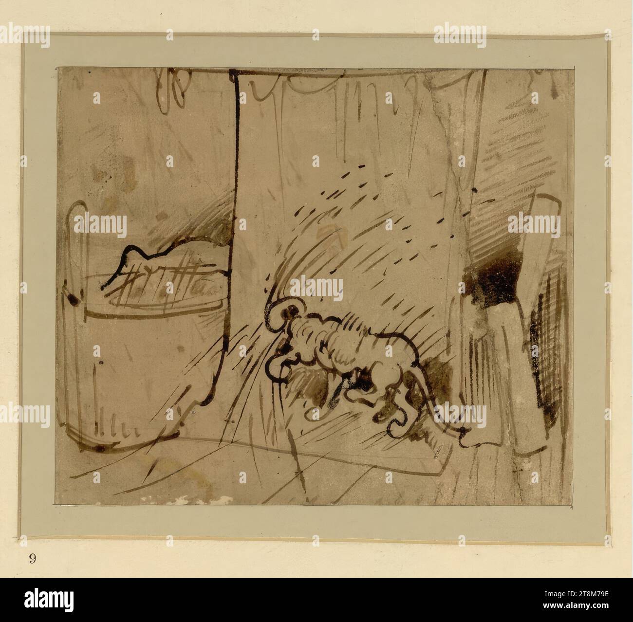 Das Warmbad (9), Wilhelm Busch (Wiedensahl/Hannover 1832 - 1908 Mechtshausen/Harz), 1865, Zeichnung, Stift und Pinsel in Braun, über Bleistiftmarkierungen, auf hellbraunem Grundierpapier, 11,1 x 13,1 cm, Passepartout: F.1642c3e, D.2965d3i Stockfoto