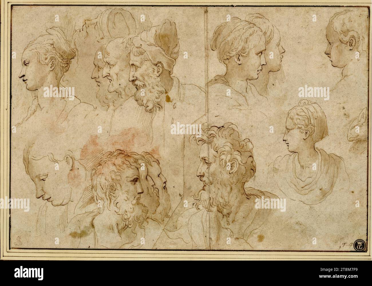 Kopfstudien in zwei Reihen übereinander, obere sieben, untere acht Köpfe und Büsten unterschiedlich gruppiert; Kopf einer toten Maus, anonym, Zeichnung, Stift; gewaschen; bestehend aus zwei unregelmäßig geschnittenen Teilen in der Mitte, 16,6 x 24,2 cm, r.l. Genevosio (L. 545); l. b. Herzog Albert von Sachsen-Teschen, unten rechts in einer alten Hand 'F.P. Stockfoto