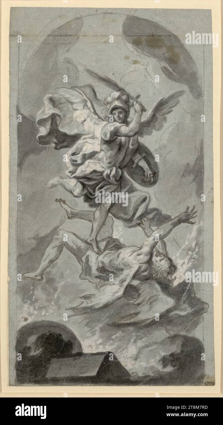 St. Michael mit Luzifer, Zeichnung, graubrauner Stift, gewaschen, erhöht mit weiß auf blaugrauem Papier, 24,2 x 13,2 cm Stockfoto