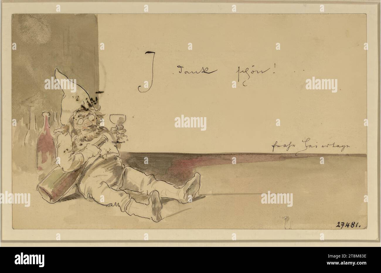 Ich schwinge wunderschön, Ernst Juch (Gotha 1838 - 1909 Wien), Zeichnung, schwarzer Stift, Aquarell, laut Cahier: 8,2 x 13,9 cm, M.O. 'Ich schüttele schön!'; mr. Lettering unleserlich; r.b. '27481 Stockfoto