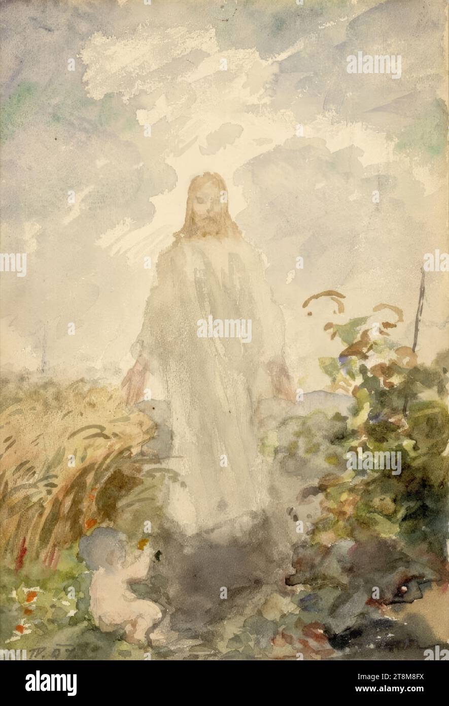 Christ Between Fields, Marie Lippert-Hoerner (Wien 1860 - 1932 Wien), Zeichnung, Bleistiftvorzeichnung, Passepartout-Abschnitt: 24,6 x 16,9 cm (9 11/16 x 6 5/8 Zoll), l.l. '14.IV.97'; r.b. 'ML-H Stockfoto