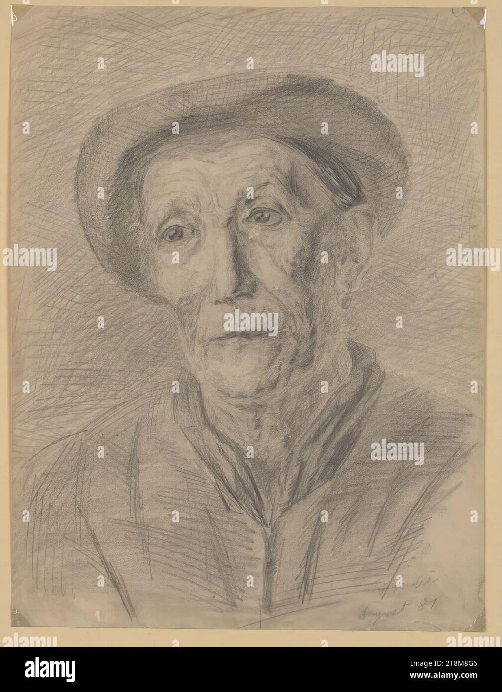Altbauer mit Hut, Marie Lippert-Hoerner (Wien 1860 - 1932 Wien), 1881, Zeichnung, Bleistift, 31,8 x 24,2 cm (12 1/2 x 9 1/2 Zoll), rechts 'F Andrä, August 81 Stockfoto